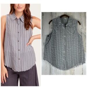 XCVI Wearables Gray Striped Sleeveless Button Up Shirt Top Size Large Frayed Hem